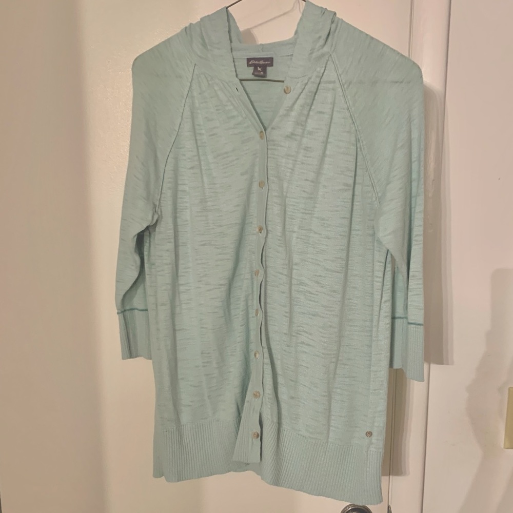 Mint green, light weight, 3/4 sleeve, hooded button up cardigan XL